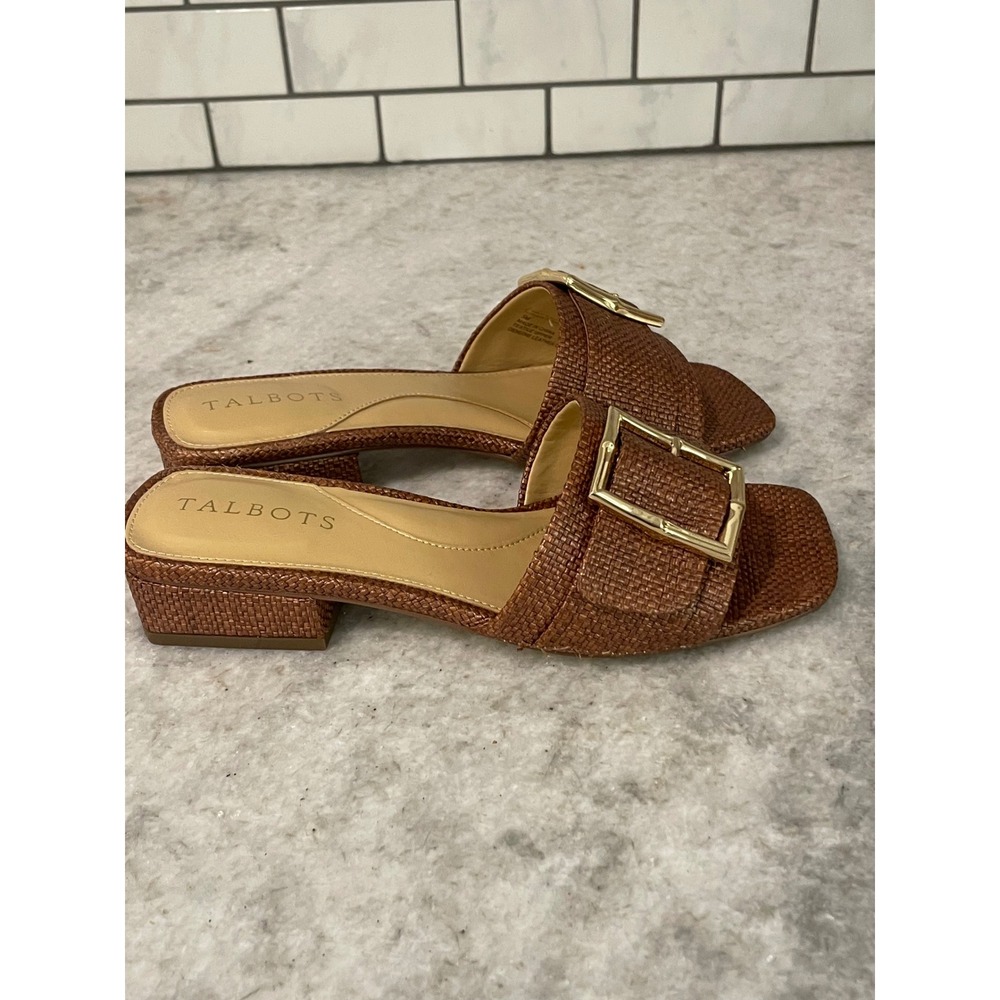 Talbots Brown Woven Slide Sandals with Gold Buckle